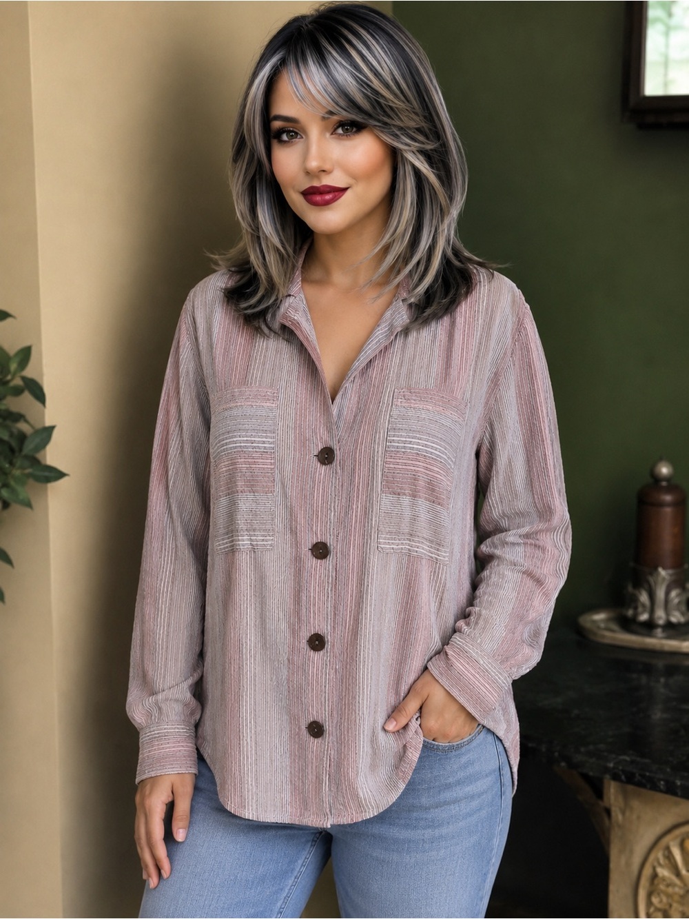 Free People striped crinkle-texture blouse M